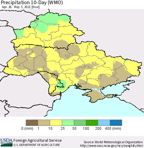 Ukraine, Moldova and Belarus Precipitation 10-Day (WMO) Thematic Map For 4/26/2021 - 5/5/2021