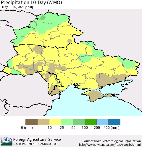 Ukraine, Moldova and Belarus Precipitation 10-Day (WMO) Thematic Map For 5/1/2021 - 5/10/2021