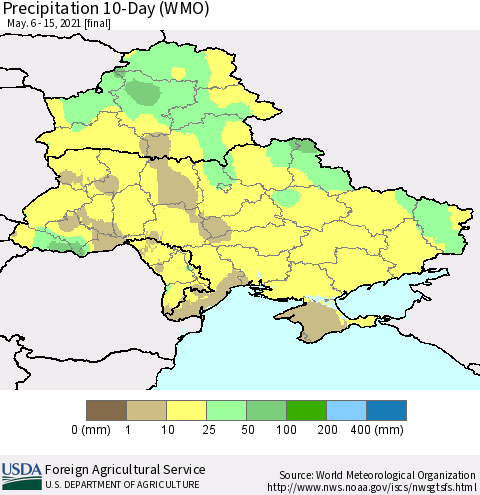Ukraine, Moldova and Belarus Precipitation 10-Day (WMO) Thematic Map For 5/6/2021 - 5/15/2021