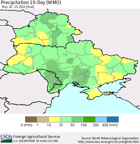Ukraine, Moldova and Belarus Precipitation 10-Day (WMO) Thematic Map For 5/16/2021 - 5/25/2021