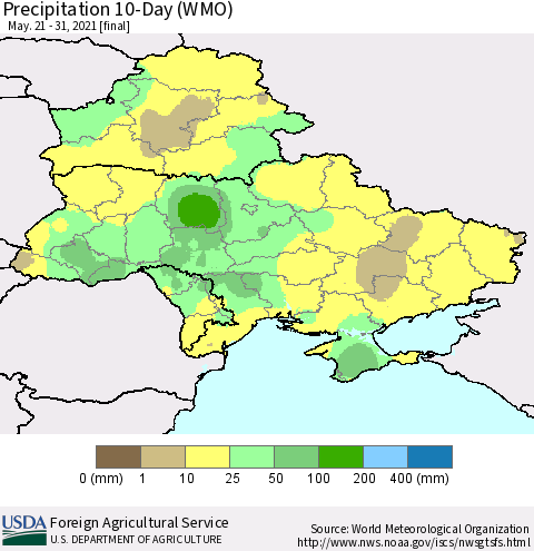 Ukraine, Moldova and Belarus Precipitation 10-Day (WMO) Thematic Map For 5/21/2021 - 5/31/2021