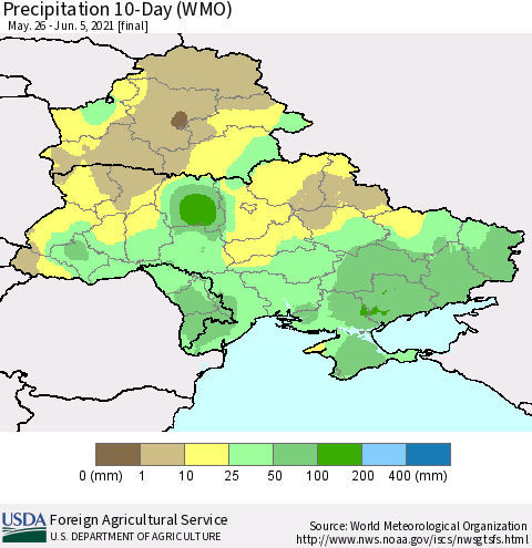 Ukraine, Moldova and Belarus Precipitation 10-Day (WMO) Thematic Map For 5/26/2021 - 6/5/2021