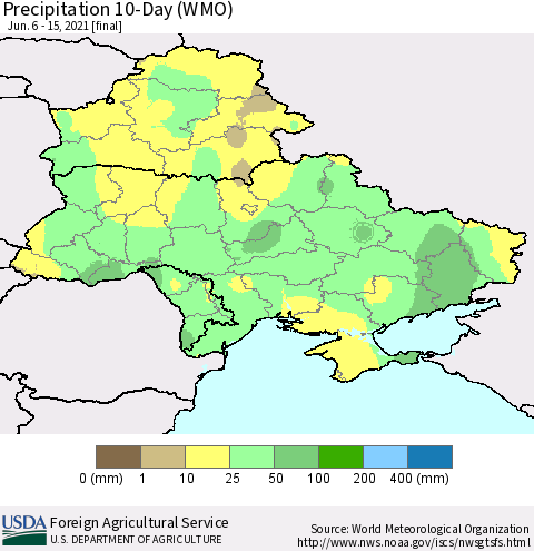 Ukraine, Moldova and Belarus Precipitation 10-Day (WMO) Thematic Map For 6/6/2021 - 6/15/2021