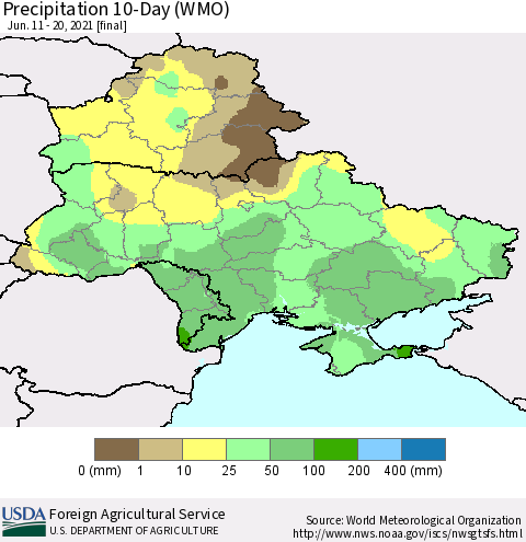 Ukraine, Moldova and Belarus Precipitation 10-Day (WMO) Thematic Map For 6/11/2021 - 6/20/2021