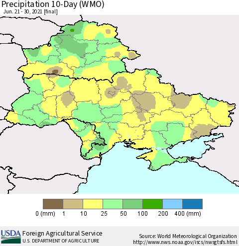 Ukraine, Moldova and Belarus Precipitation 10-Day (WMO) Thematic Map For 6/21/2021 - 6/30/2021