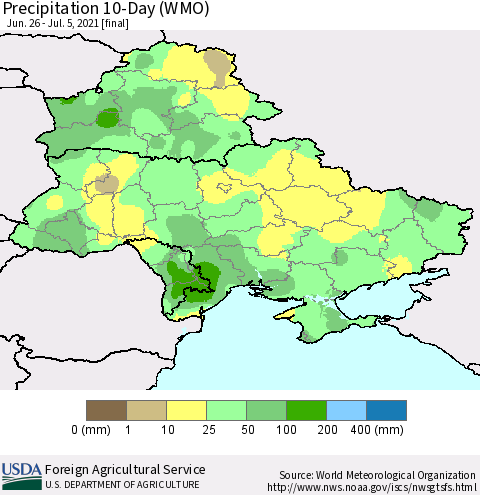 Ukraine, Moldova and Belarus Precipitation 10-Day (WMO) Thematic Map For 6/26/2021 - 7/5/2021