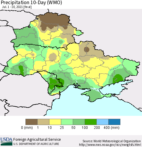 Ukraine, Moldova and Belarus Precipitation 10-Day (WMO) Thematic Map For 7/1/2021 - 7/10/2021