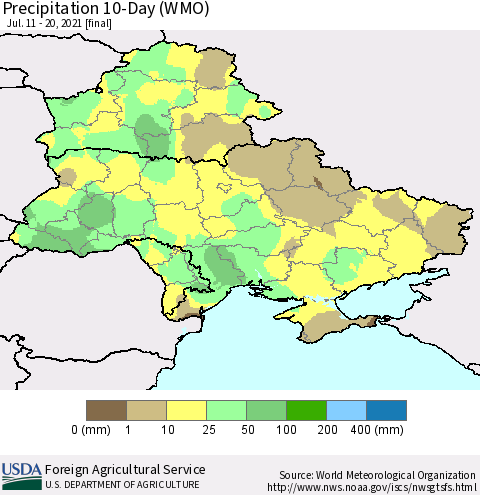 Ukraine, Moldova and Belarus Precipitation 10-Day (WMO) Thematic Map For 7/11/2021 - 7/20/2021