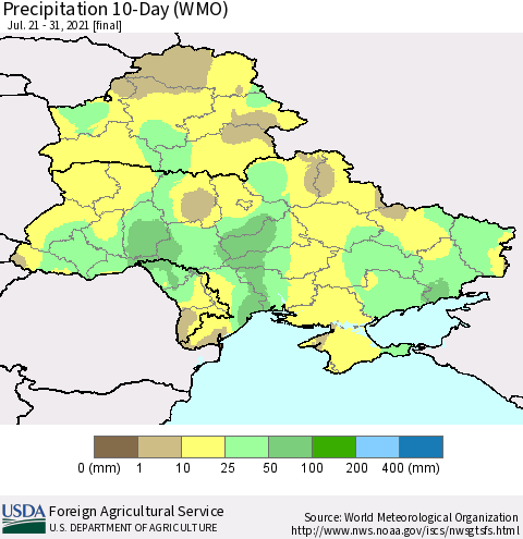 Ukraine, Moldova and Belarus Precipitation 10-Day (WMO) Thematic Map For 7/21/2021 - 7/31/2021