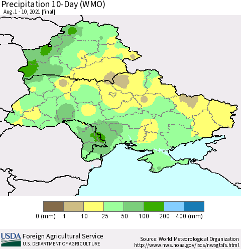 Ukraine, Moldova and Belarus Precipitation 10-Day (WMO) Thematic Map For 8/1/2021 - 8/10/2021