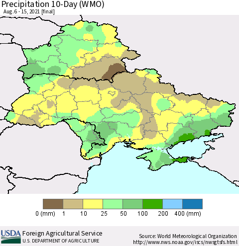 Ukraine, Moldova and Belarus Precipitation 10-Day (WMO) Thematic Map For 8/6/2021 - 8/15/2021