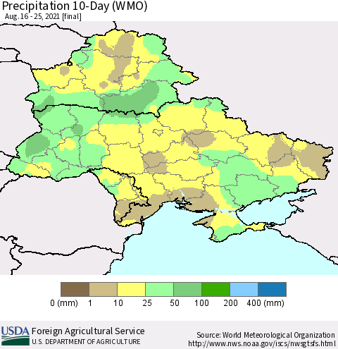 Ukraine, Moldova and Belarus Precipitation 10-Day (WMO) Thematic Map For 8/16/2021 - 8/25/2021