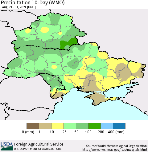 Ukraine, Moldova and Belarus Precipitation 10-Day (WMO) Thematic Map For 8/21/2021 - 8/31/2021