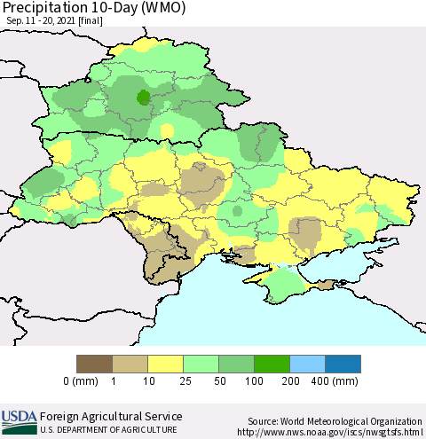 Ukraine, Moldova and Belarus Precipitation 10-Day (WMO) Thematic Map For 9/11/2021 - 9/20/2021