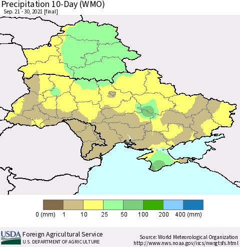 Ukraine, Moldova and Belarus Precipitation 10-Day (WMO) Thematic Map For 9/21/2021 - 9/30/2021