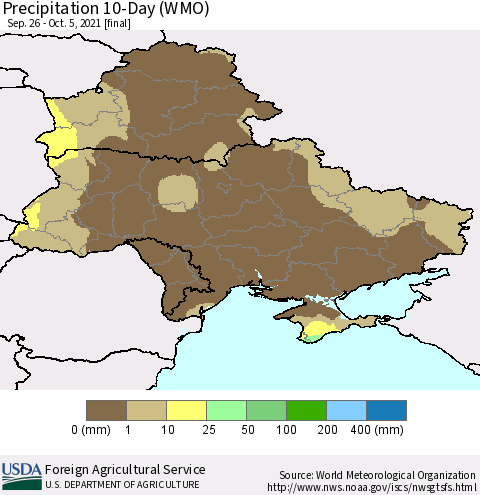 Ukraine, Moldova and Belarus Precipitation 10-Day (WMO) Thematic Map For 9/26/2021 - 10/5/2021