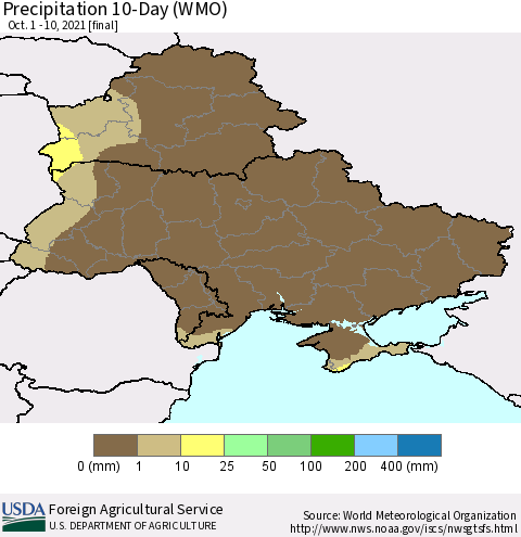 Ukraine, Moldova and Belarus Precipitation 10-Day (WMO) Thematic Map For 10/1/2021 - 10/10/2021
