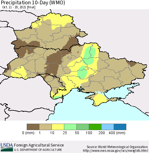 Ukraine, Moldova and Belarus Precipitation 10-Day (WMO) Thematic Map For 10/11/2021 - 10/20/2021