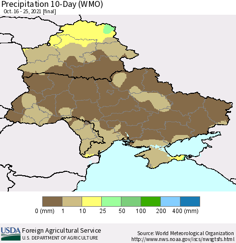 Ukraine, Moldova and Belarus Precipitation 10-Day (WMO) Thematic Map For 10/16/2021 - 10/25/2021
