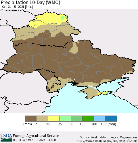 Ukraine, Moldova and Belarus Precipitation 10-Day (WMO) Thematic Map For 10/21/2021 - 10/31/2021