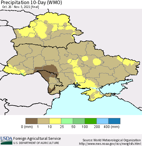 Ukraine, Moldova and Belarus Precipitation 10-Day (WMO) Thematic Map For 10/26/2021 - 11/5/2021
