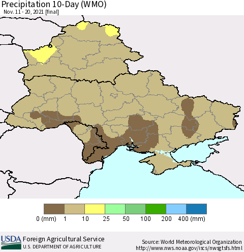 Ukraine, Moldova and Belarus Precipitation 10-Day (WMO) Thematic Map For 11/11/2021 - 11/20/2021