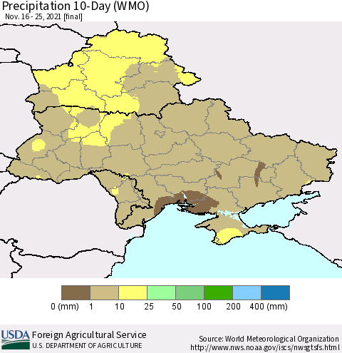 Ukraine, Moldova and Belarus Precipitation 10-Day (WMO) Thematic Map For 11/16/2021 - 11/25/2021