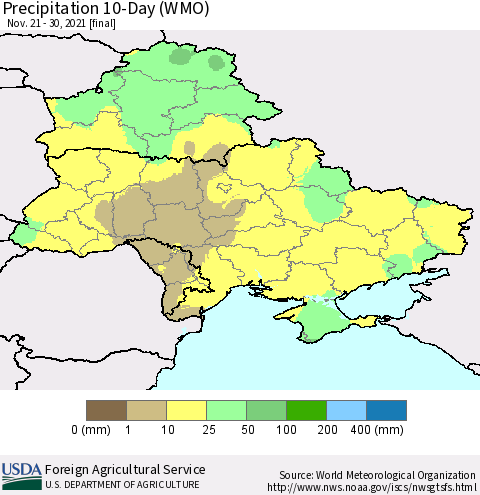 Ukraine, Moldova and Belarus Precipitation 10-Day (WMO) Thematic Map For 11/21/2021 - 11/30/2021
