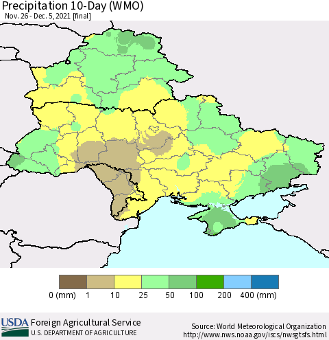 Ukraine, Moldova and Belarus Precipitation 10-Day (WMO) Thematic Map For 11/26/2021 - 12/5/2021