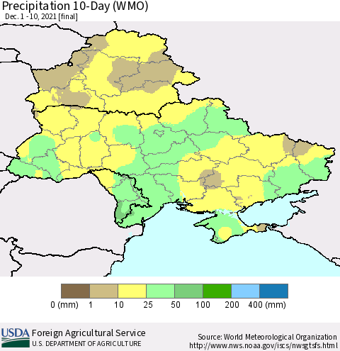 Ukraine, Moldova and Belarus Precipitation 10-Day (WMO) Thematic Map For 12/1/2021 - 12/10/2021