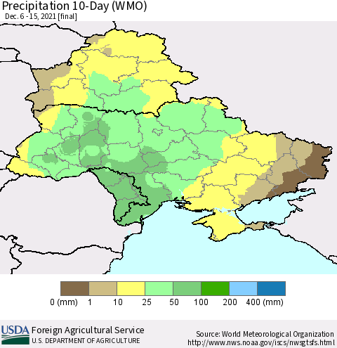 Ukraine, Moldova and Belarus Precipitation 10-Day (WMO) Thematic Map For 12/6/2021 - 12/15/2021