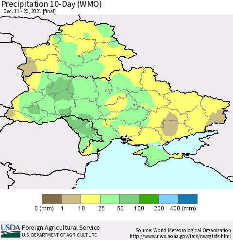 Ukraine, Moldova and Belarus Precipitation 10-Day (WMO) Thematic Map For 12/11/2021 - 12/20/2021