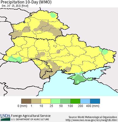 Ukraine, Moldova and Belarus Precipitation 10-Day (WMO) Thematic Map For 12/16/2021 - 12/25/2021