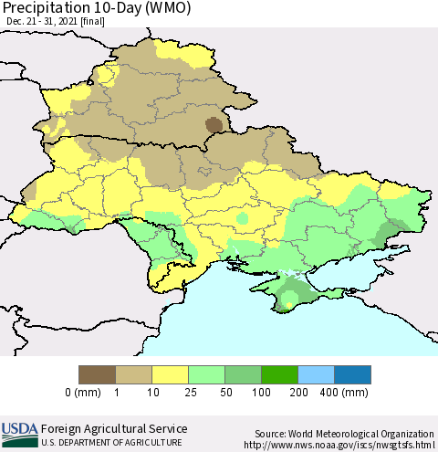 Ukraine, Moldova and Belarus Precipitation 10-Day (WMO) Thematic Map For 12/21/2021 - 12/31/2021