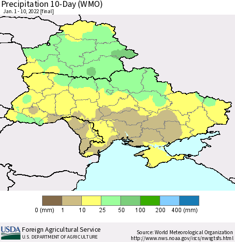 Ukraine, Moldova and Belarus Precipitation 10-Day (WMO) Thematic Map For 1/1/2022 - 1/10/2022