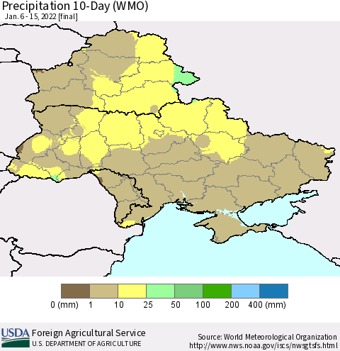 Ukraine, Moldova and Belarus Precipitation 10-Day (WMO) Thematic Map For 1/6/2022 - 1/15/2022