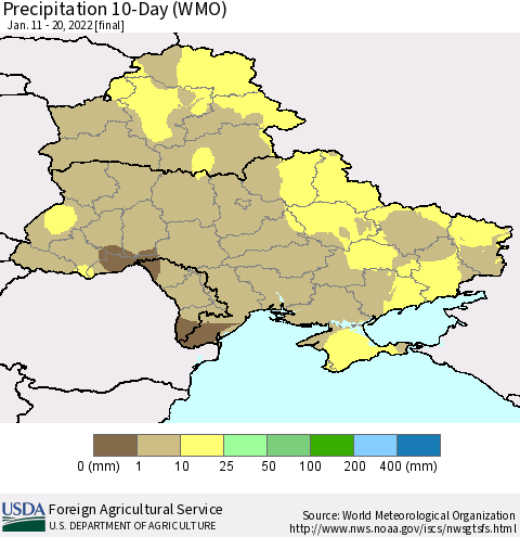 Ukraine, Moldova and Belarus Precipitation 10-Day (WMO) Thematic Map For 1/11/2022 - 1/20/2022