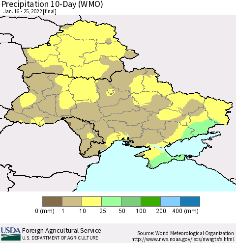 Ukraine, Moldova and Belarus Precipitation 10-Day (WMO) Thematic Map For 1/16/2022 - 1/25/2022