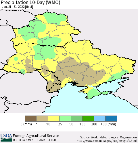Ukraine, Moldova and Belarus Precipitation 10-Day (WMO) Thematic Map For 1/21/2022 - 1/31/2022