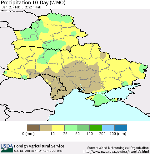 Ukraine, Moldova and Belarus Precipitation 10-Day (WMO) Thematic Map For 1/26/2022 - 2/5/2022