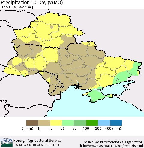 Ukraine, Moldova and Belarus Precipitation 10-Day (WMO) Thematic Map For 2/1/2022 - 2/10/2022