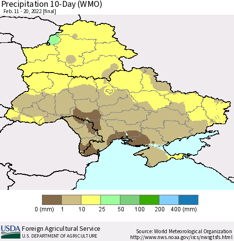 Ukraine, Moldova and Belarus Precipitation 10-Day (WMO) Thematic Map For 2/11/2022 - 2/20/2022