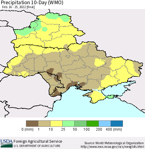 Ukraine, Moldova and Belarus Precipitation 10-Day (WMO) Thematic Map For 2/16/2022 - 2/25/2022