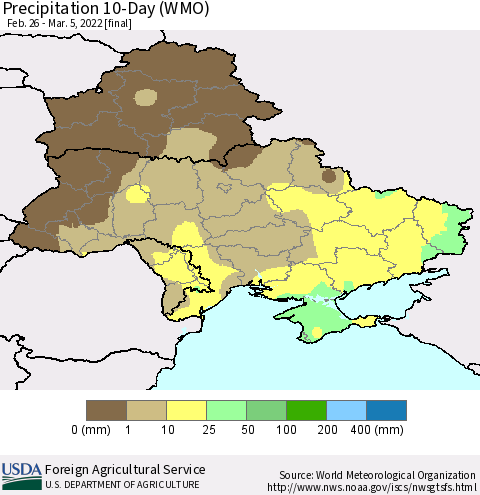 Ukraine, Moldova and Belarus Precipitation 10-Day (WMO) Thematic Map For 2/26/2022 - 3/5/2022