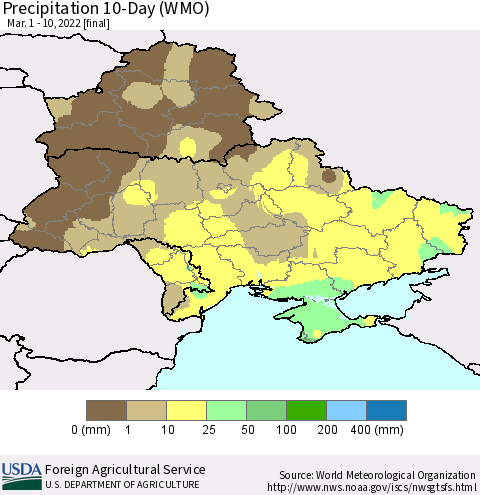 Ukraine, Moldova and Belarus Precipitation 10-Day (WMO) Thematic Map For 3/1/2022 - 3/10/2022