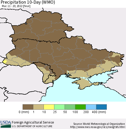 Ukraine, Moldova and Belarus Precipitation 10-Day (WMO) Thematic Map For 3/11/2022 - 3/20/2022
