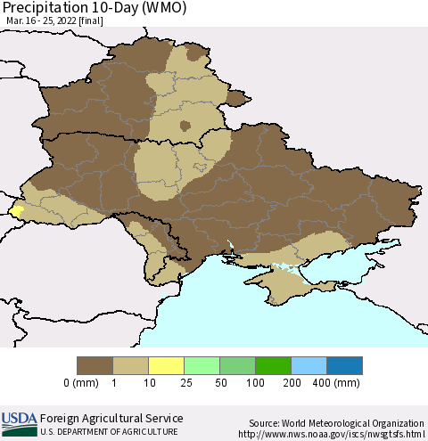 Ukraine, Moldova and Belarus Precipitation 10-Day (WMO) Thematic Map For 3/16/2022 - 3/25/2022