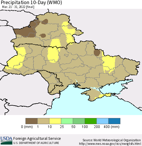 Ukraine, Moldova and Belarus Precipitation 10-Day (WMO) Thematic Map For 3/21/2022 - 3/31/2022