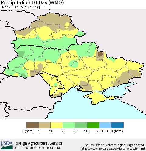 Ukraine, Moldova and Belarus Precipitation 10-Day (WMO) Thematic Map For 3/26/2022 - 4/5/2022