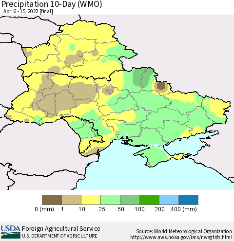Ukraine, Moldova and Belarus Precipitation 10-Day (WMO) Thematic Map For 4/6/2022 - 4/15/2022